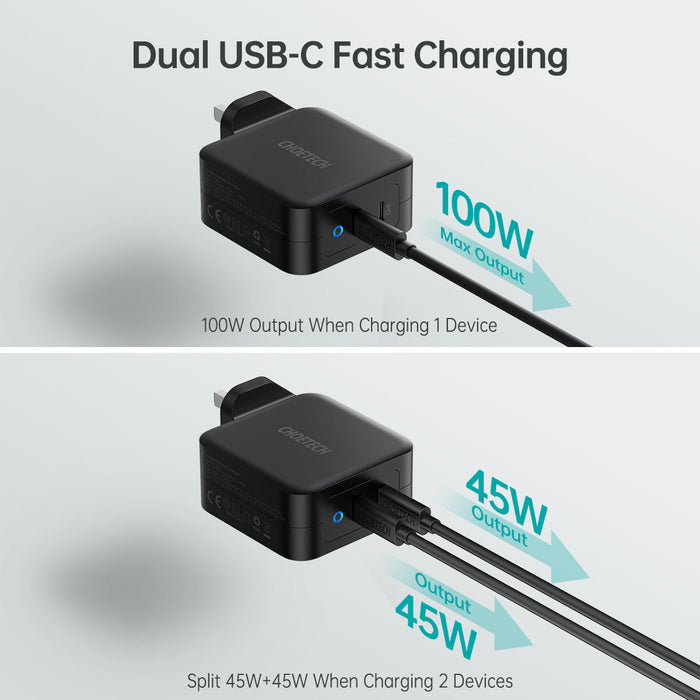 PD 100W GaN dual USB-C UK Charger with CC cable - White