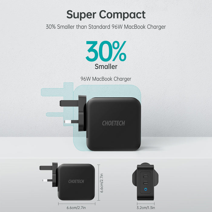 PD 100W GaN dual USB-C UK Charger with CC cable - Black