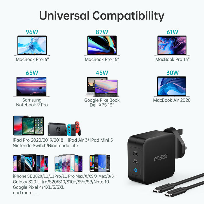 PD 100W GaN dual USB-C UK Charger with CC cable - Black