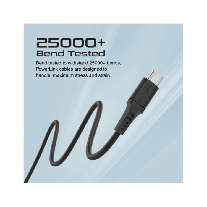 Promate 20W Power Delivery Ultra Fast USB-A to USB-C Soft Silicone Cable Black