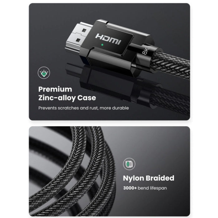 UGreen HD135 8K HDMI Male to Male Round Cable With Braided 3m - Gray