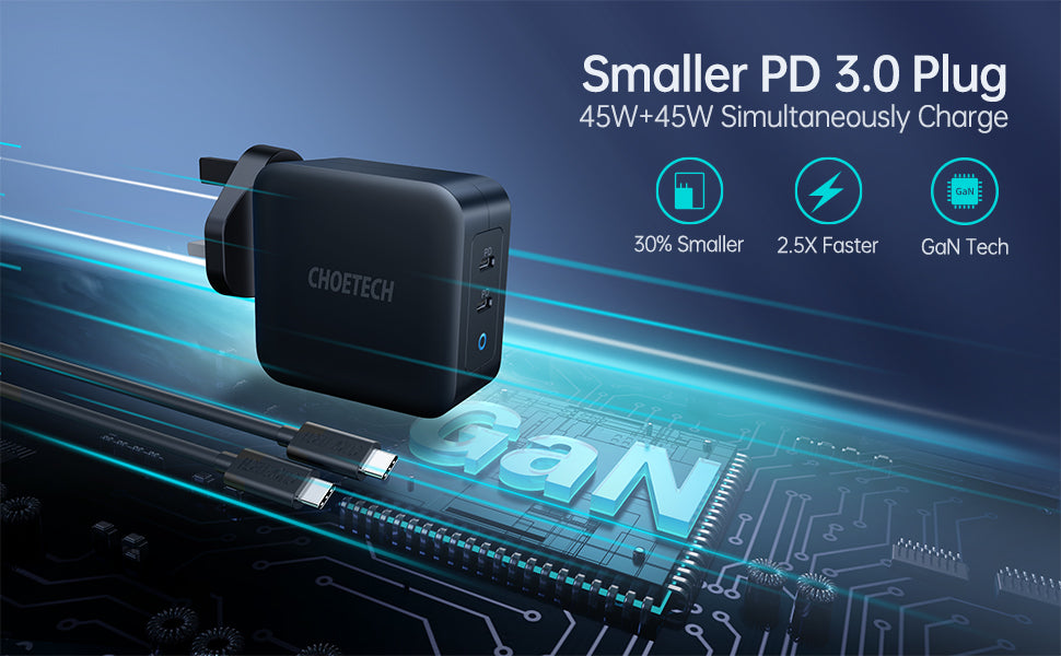 PD 100W GaN dual USB-C UK Charger with CC cable - Black