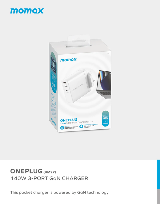 Momax ONEPlug 140W 3-Port GaN Charger (UK) (White) UM27UKW