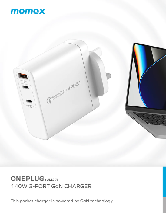 Momax ONEPlug 140W 3-Port GaN Charger (UK) (White) UM27UKW