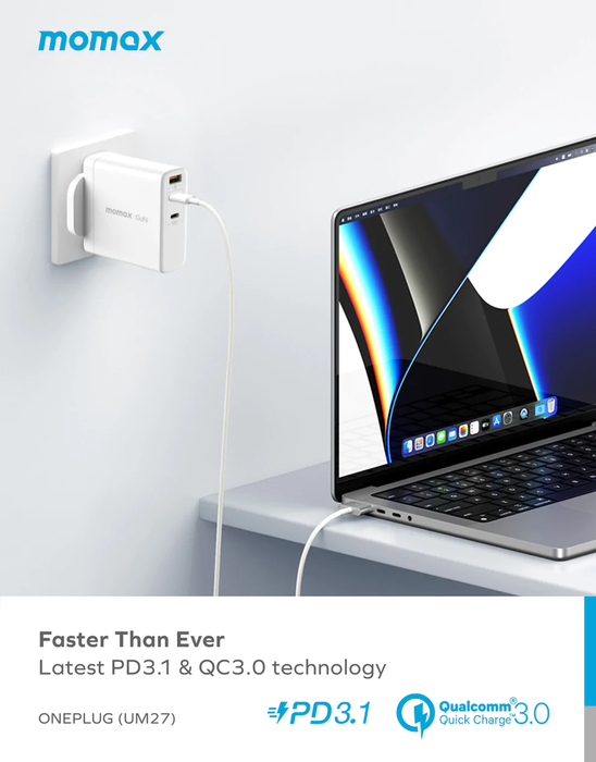 Momax ONEPlug 140W 3-Port GaN Charger (UK) (White) UM27UKW