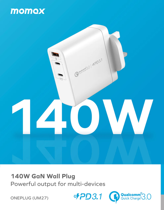Momax ONEPlug 140W 3-Port GaN Charger (UK) (White) UM27UKW