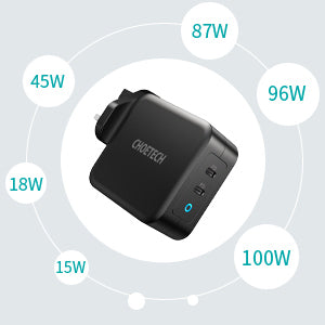 PD 100W GaN dual USB-C UK Charger with CC cable - Black