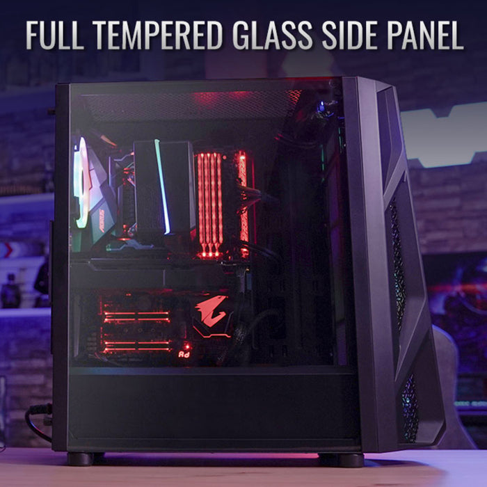 AeroCool NightHawk Mid-Tower Acrylic Front Panel Side Tempered Glass Panel Case with 3 RGB Fans - Black