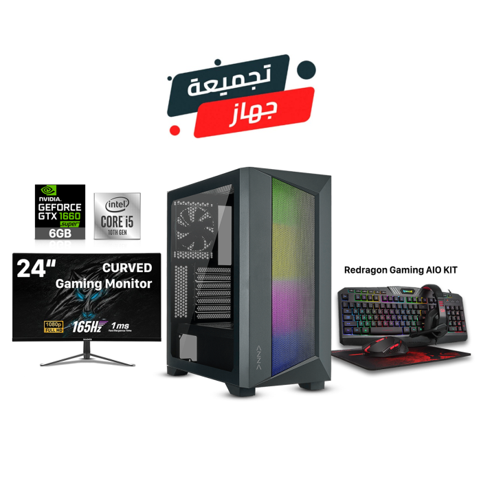 Gaming PC i5-10400F Processer, B560 MotherBoard, 16GB RAM, 1TB NVMe SSD, GTX 1660 SUPER 6GB VGA, 600 WATT PSU, Azza Octane ATX Mid-Tower, USB Wifi Adapter, Win 10 Pro, Sades M30 24" FHD VA 165Hz 1ms Curved(M30) Gaming Monitor, Redragon Gaming AIO Kit