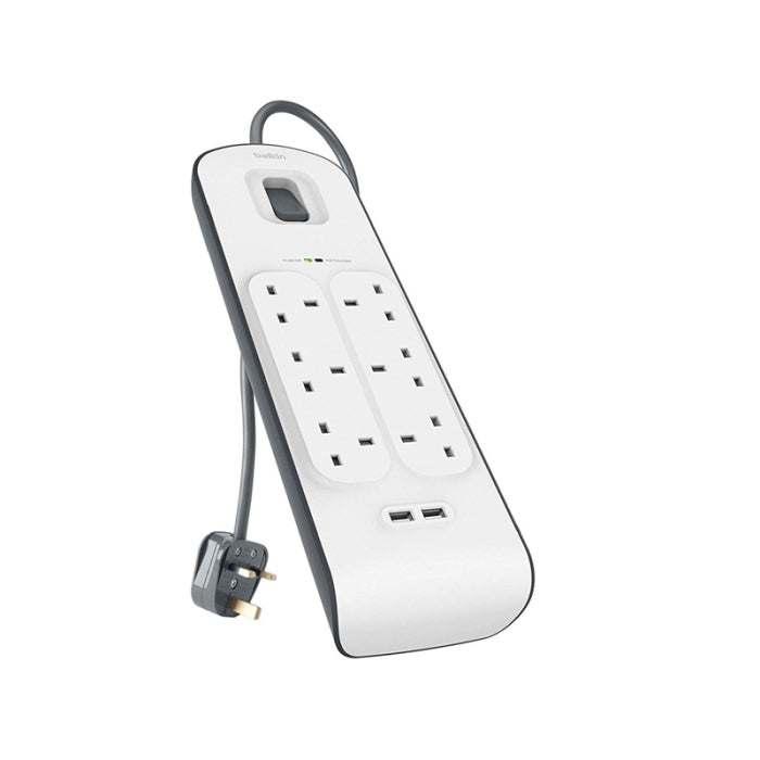 Belkin Surge Protection Strip Extension 6-Way 2-USB Ports 2M White/Grey