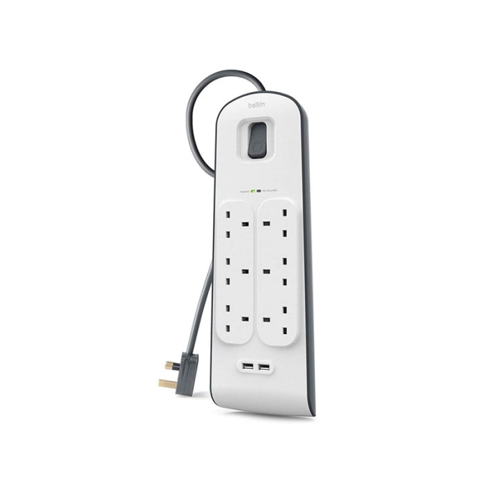 Belkin Surge Protection Strip Extension 6-Way 2-USB Ports 2M White/Grey