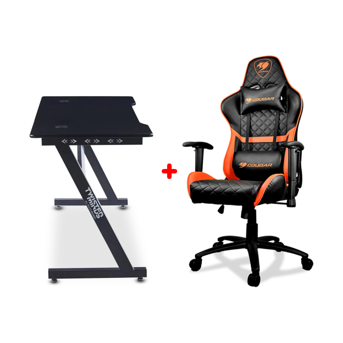 Cougar Armor One PVC Leather Material Gaming Chair - Black/Orange + Twisted Minds Z Shaped Ergonomic RGB Gaming Desk