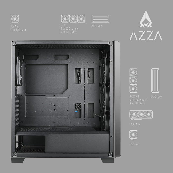 Azza Legionaire ATX Mid Tower Metal Mesh Side Panel Gaming Case With 4 ARGB & PWM Fans - Black