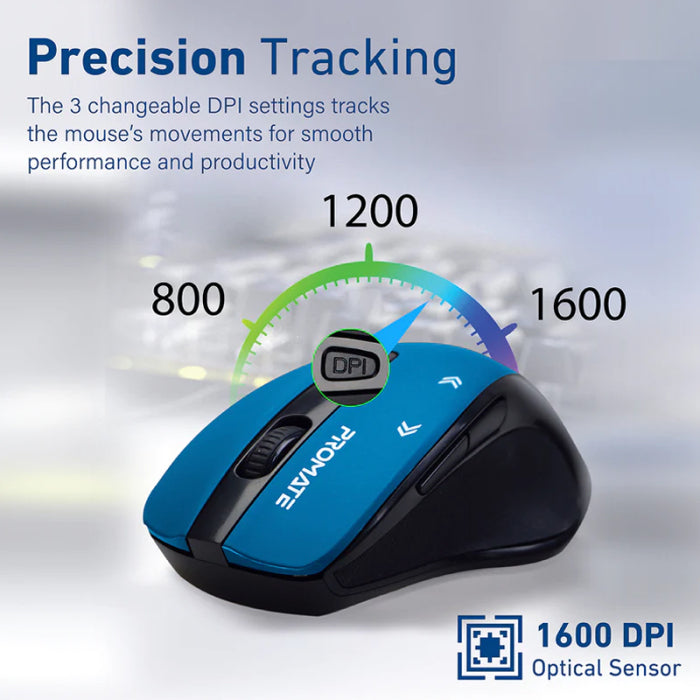 Promate Cursor 2.4GHz EZGrip™ Ergonomic Wireless Mouse - Blue