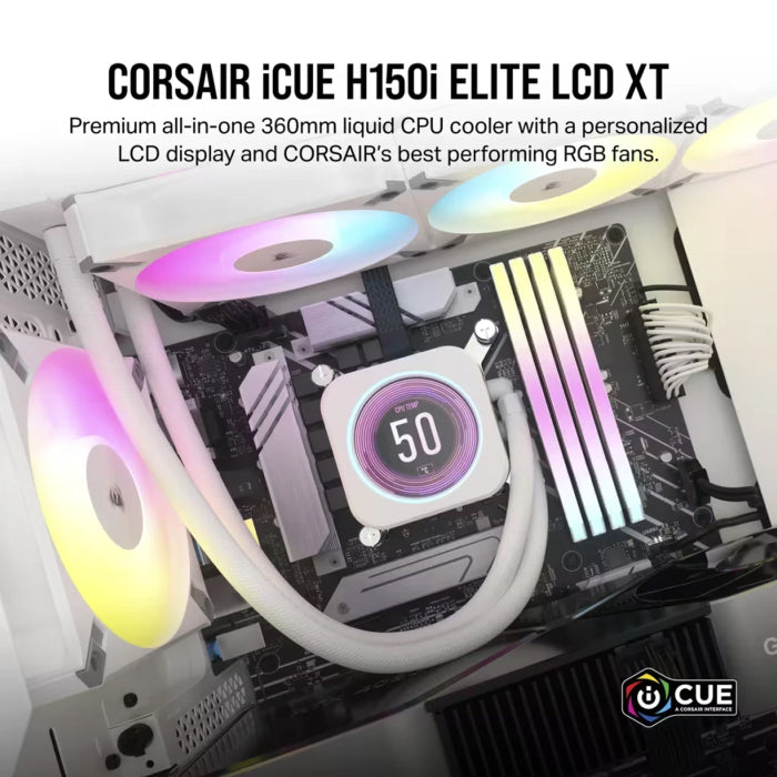 Corsair iCUE H150i Elite LCD XT Liquid CPU Cooler - IPS LCD Screen - Three AF120 RGB Elite Fans - 360mm Radiator