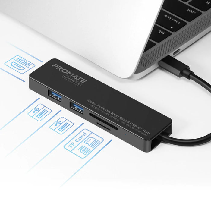 Promate Multi-Function High Speed USB-C Hub 2 USB 3.0 Ports, HDMI Port,MicroSD & SD Card Slot