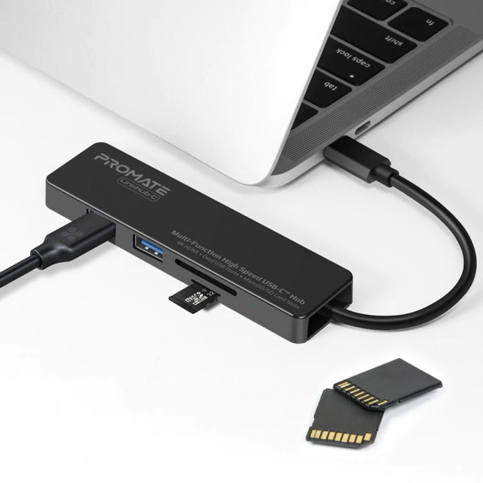 Promate Multi-Function High Speed USB-C Hub 2 USB 3.0 Ports, HDMI Port,MicroSD & SD Card Slot