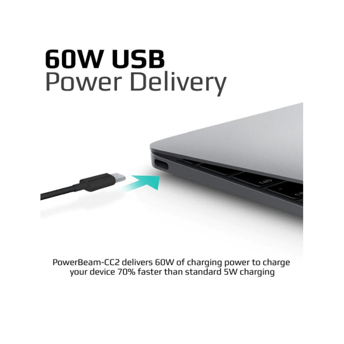 Promate Power Beam-CC2 Blue 60W Power Delivery Enabled USB-C to USB-C Data Sync & Charge Cable - Black