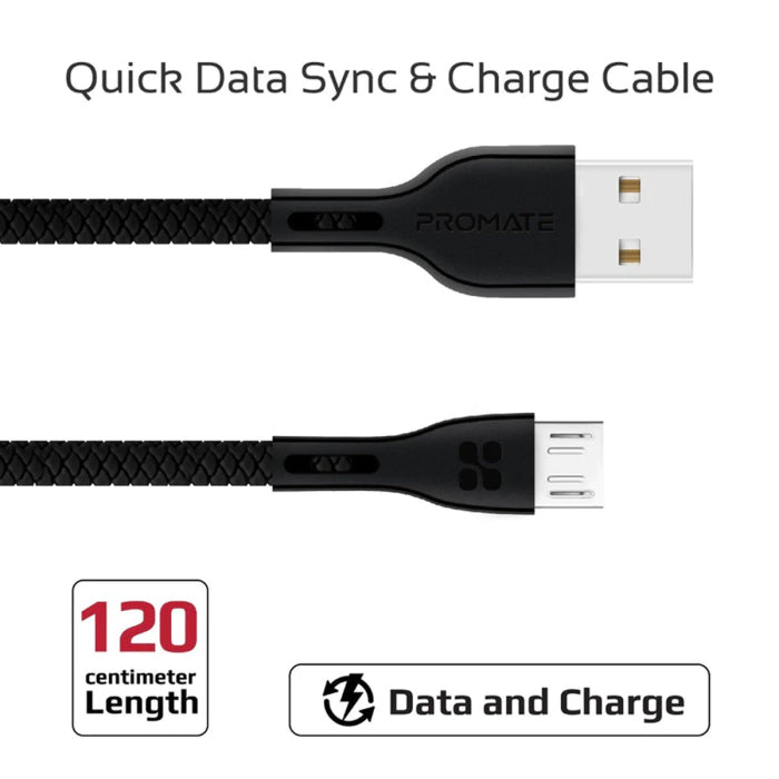 Promate Power Beam-M High Tensile Strenght USB-A to Micro-USB Data & Charge Cable - Black