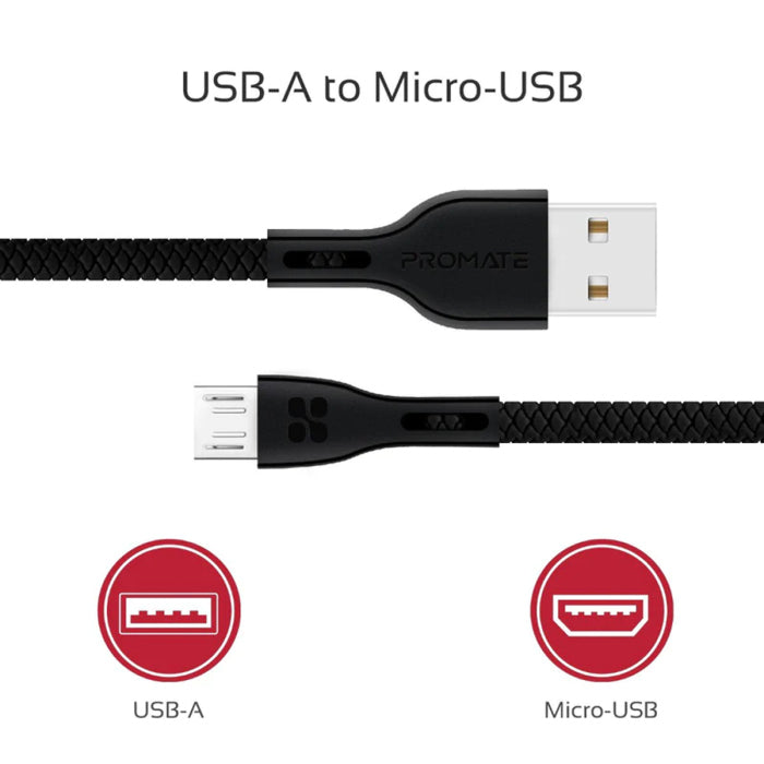 Promate Power Beam-M High Tensile Strenght USB-A to Micro-USB Data & Charge Cable - Black
