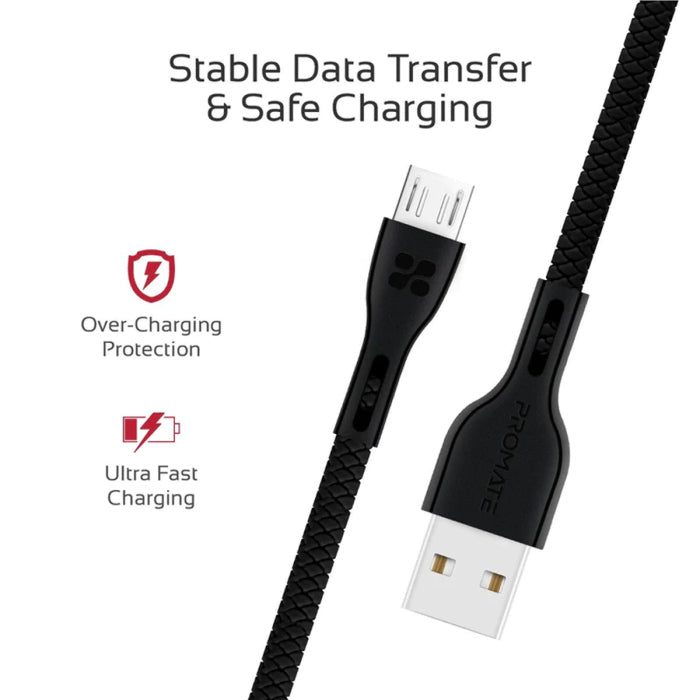 Promate Power Beam-M High Tensile Strenght USB-A to Micro-USB Data & Charge Cable - Black