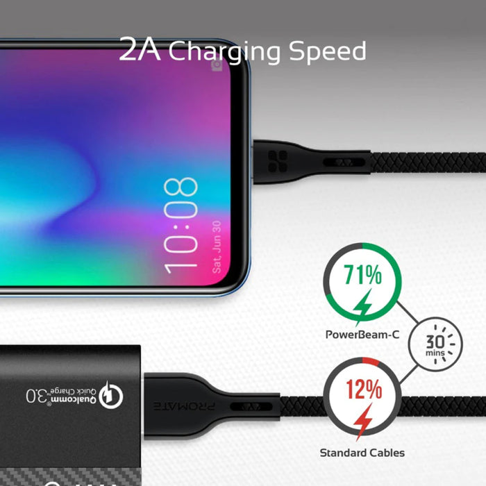 Promate Power Beam-M High Tensile Strenght USB-A to Micro-USB Data & Charge Cable - Black
