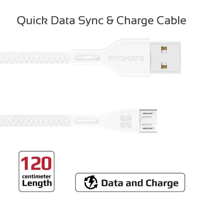 Promate Power Beam-M High Tensile Strenght Data & Charge USB-A to Micro-USB Cable - White
