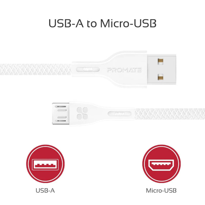 Promate Power Beam-M High Tensile Strenght Data & Charge USB-A to Micro-USB Cable - White