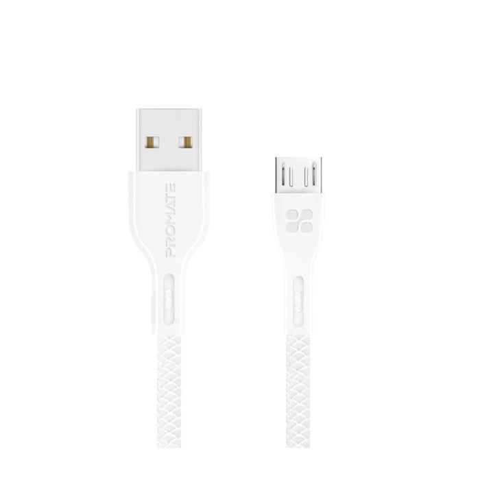 Promate Power Beam-M High Tensile Strenght Data & Charge USB-A to Micro-USB Cable - White