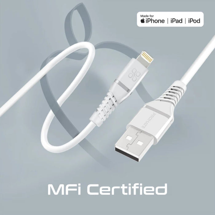 Promate PowerLine-Ai120 High Tensile Strength Data Sync & Charge Cable with Lightning Connector - White