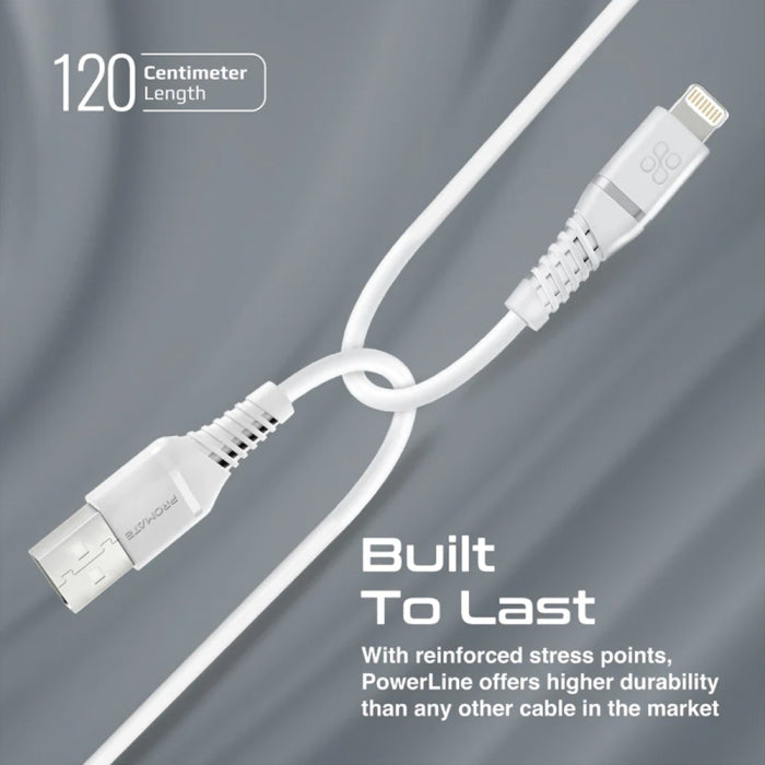 Promate PowerLine-Ai120 High Tensile Strength Data Sync & Charge Cable with Lightning Connector - White
