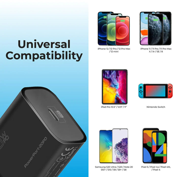 Promate Power Port 20PD 20W Power Delivery USB-C Wall Charger Black