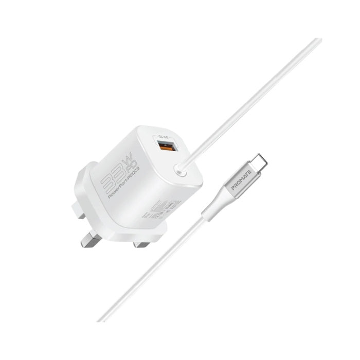 Promate 33W Super Speed Wall Charger with Quick Charge 3.0 & USB-C Power Delivery White