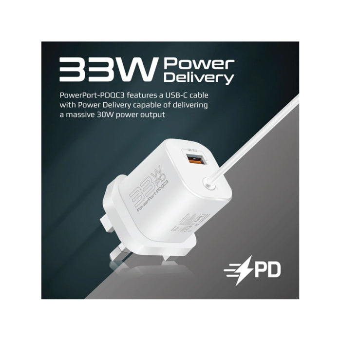 Promate 33W Super Speed Wall Charger with Quick Charge 3.0 & USB-C Power Delivery White