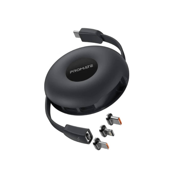 Promate 3-in-1 Retractable Magnetic Charging Cable With Multi Connectors