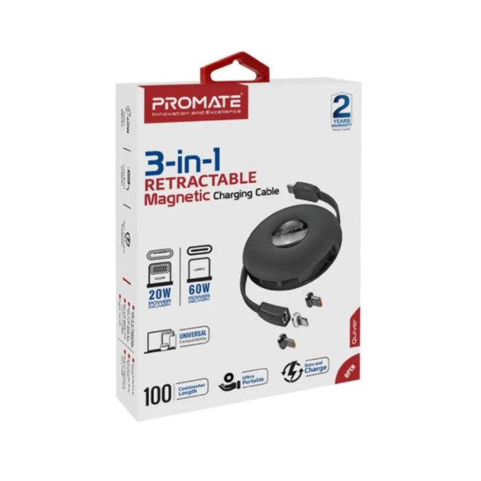 Promate 3-in-1 Retractable Magnetic Charging Cable With Multi Connectors