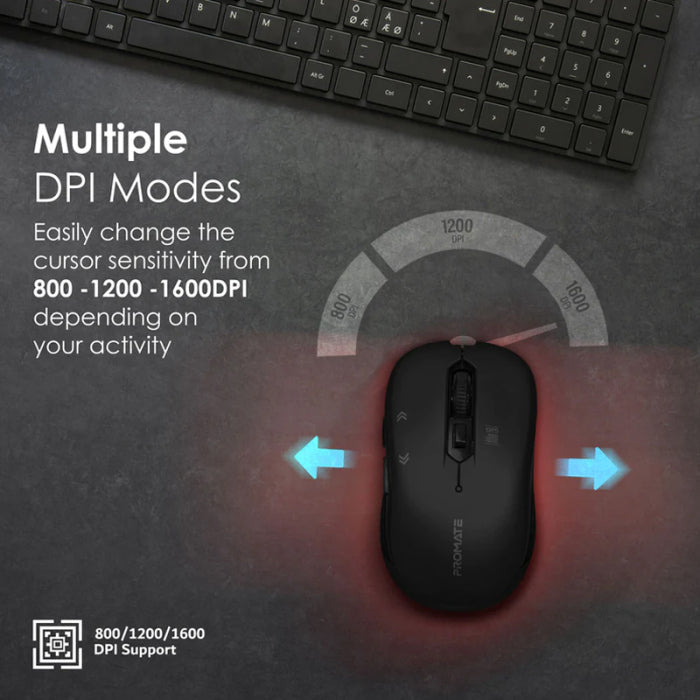 Promate Slider Optical Tracking Wireless Ergonomic Mouse - Black