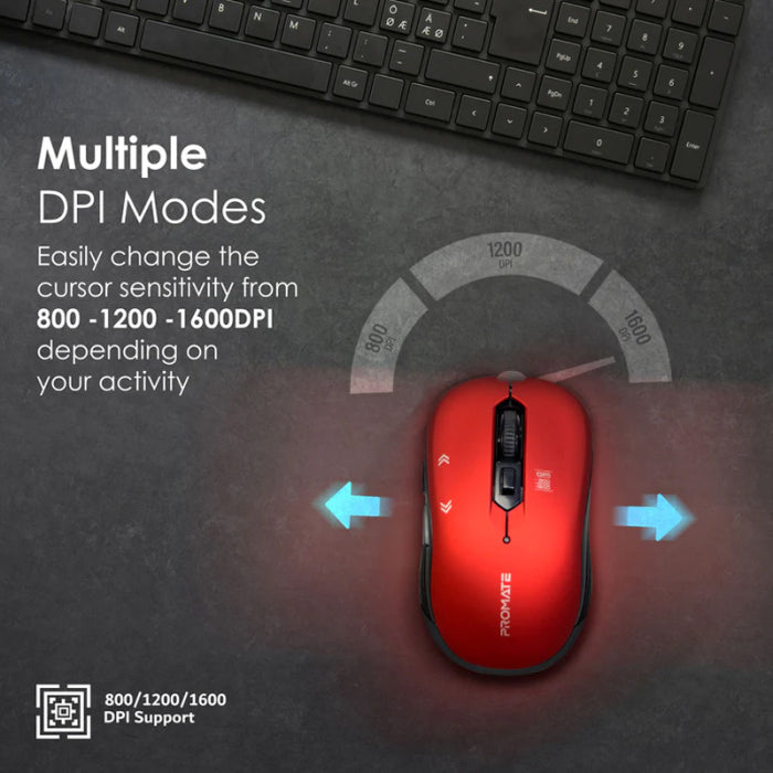 Promate Slider Optical Tracking Wireless Ergonomic Mouse - Red