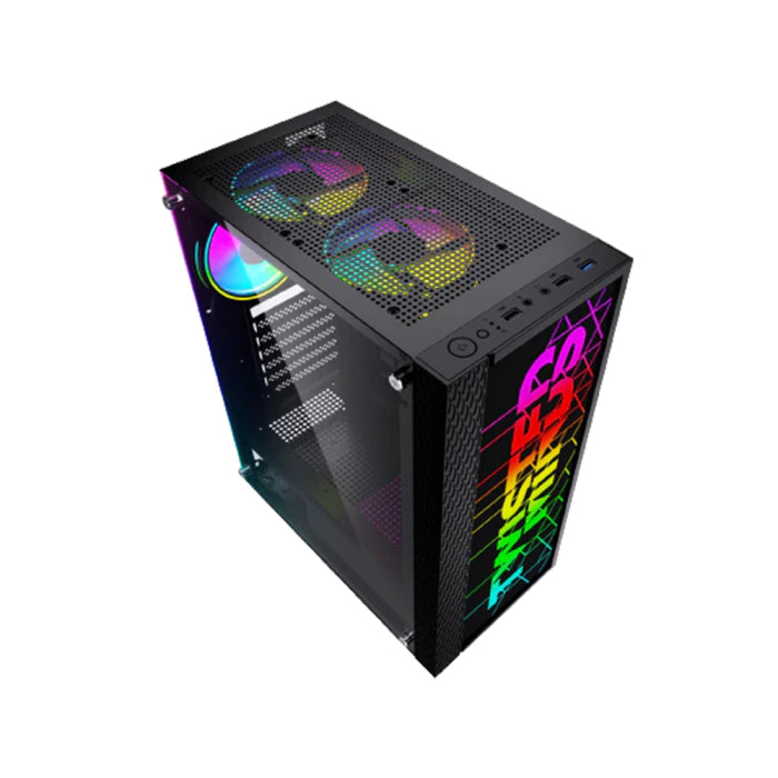 Twisted Minds Trinity-03 Mid Tower Plastic Front Panel & Left Side Tempered Glass Case with 3 RGB Fans - Black