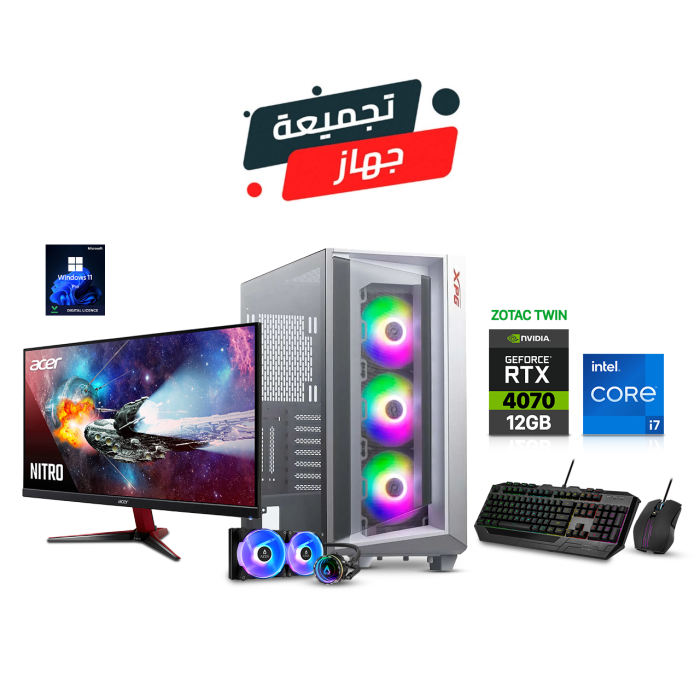 Gaming PC i7-13700, TUF Gaming B760M-PLUS WIFI D5, 32GB RAM DDR5 (5200), 1TB SSD NVME, ZOTAC TWIN RTX 4070 12GB VGA, 850 Watt GOLD PSU, AZZA L240 Liquid Cooler, XPG Cruiser Case, Win 11 Pro, Acer Nitro VG271 Monitor, Cooler Master Devastator 3 RGB Combo