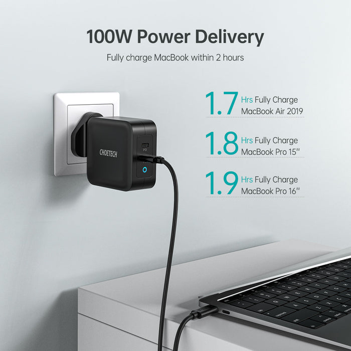 PD 100W GaN dual USB-C UK Charger with CC cable - White