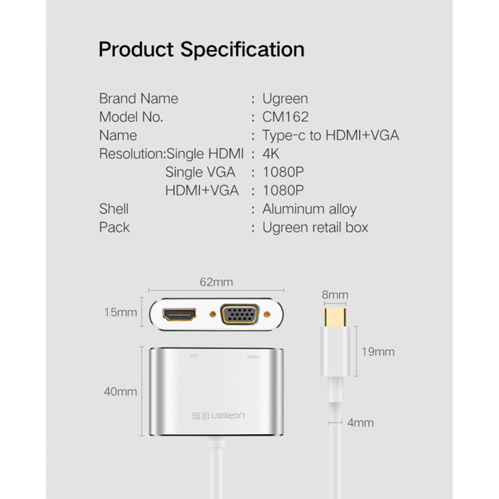 UGreen USB-C to HDMI + VGA + USB3.0 Converter With PD Charging