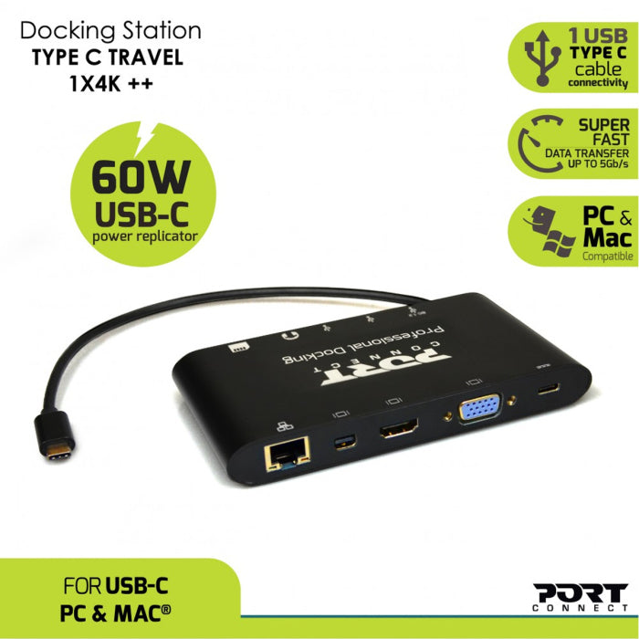 Port Designs TYPE C TRAVEL 1 X 4K ++ Docking Station For Type C 3.1 Gen2