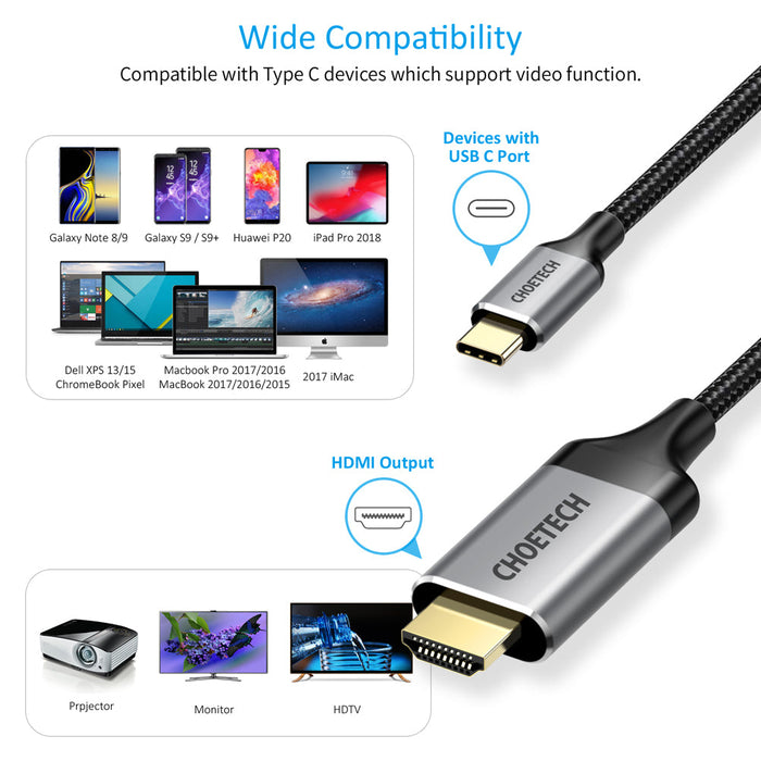 Choetech Type to HDMI Cable  1.8M , Black