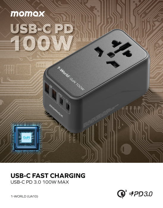 1-World 100W GaN 4 ports + AC Travel Adapter UA10