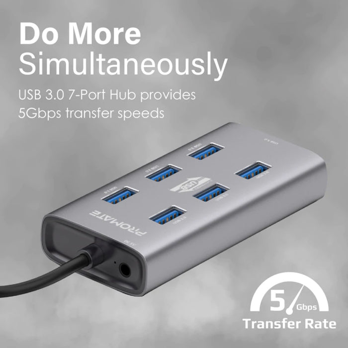 Promate EzHub-7 Aluminium Alloy USB Hub with Dual Input 7 USB Ports USB-C Adaptor 5Gbps Speed For Data & Charge