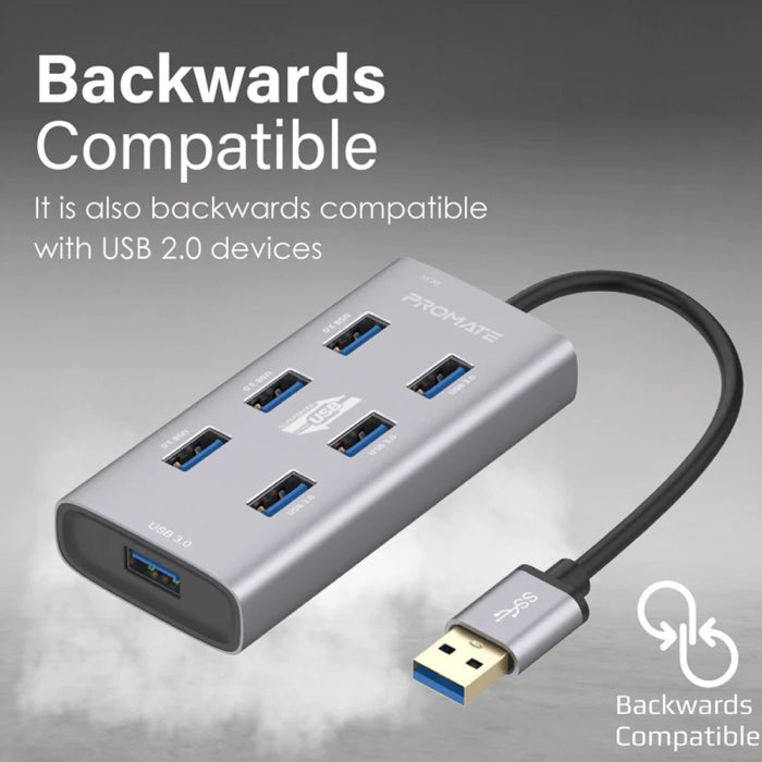 Promate EzHub-7 Aluminium Alloy USB Hub with Dual Input 7 USB Ports USB-C Adaptor 5Gbps Speed For Data & Charge