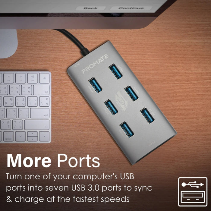 Promate EzHub-7 Aluminium Alloy USB Hub with Dual Input 7 USB Ports USB-C Adaptor 5Gbps Speed For Data & Charge