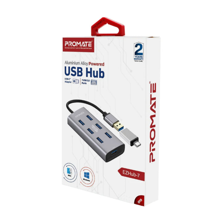Promate EzHub-7 Aluminium Alloy USB Hub with Dual Input 7 USB Ports USB-C Adaptor 5Gbps Speed For Data & Charge