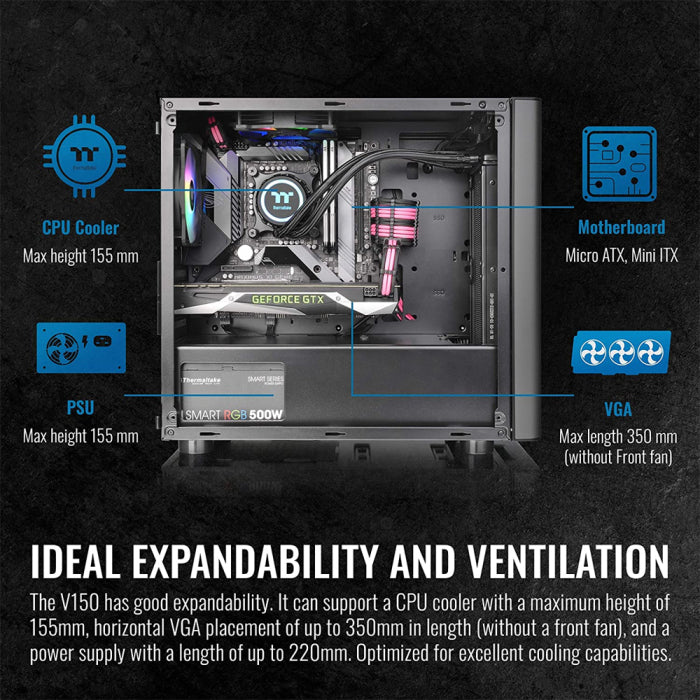 Thermaltake V150 TG ATX Mid Tower Tempered Glass Side Panel Micro Case With 1 ARGB Fans - Black